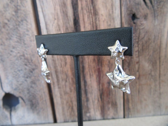 90s Silver Tone Star Dangle Earrings | Bejeweled … - image 5