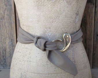 80s Taupe Leather Tie Waist Belt | Wide Statement Belt | Soft Leather Cinch Hook Obi Belt | 30 or smaller