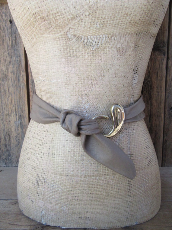 80s Taupe Leather Tie Waist Belt | Wide Statement… - image 1