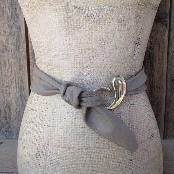 80s Taupe Leather Tie Waist Belt | Wide Statement Belt | Soft Leather Cinch Hook Obi Belt | 30 or smaller