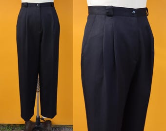 Vintage 90s Black Wide Slacks M, 90s Minimal Straight Leg Trousers