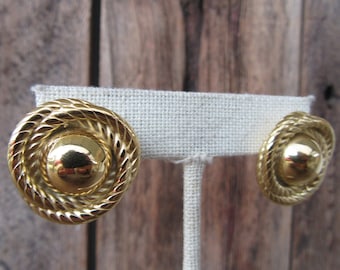 90s Gold Tone Chunky Button Earrings  | Round Ball Rope Swirl Statement Earrings | Modernist Circle Button Earrings