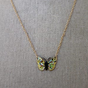 80s Gold Chain Necklace | Small Yellow Cloisonne Butterfly Necklace | Statement Jewelry | 70s Necklace