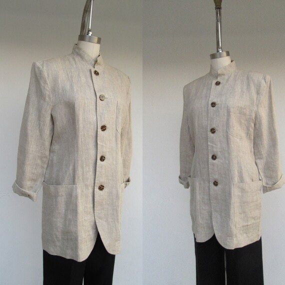 Esprit 90s Oatmeal Linen Mandarin Collar Button Do