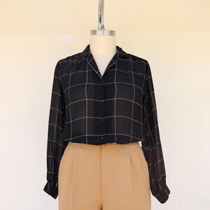 80s 90s Semi Sheer Black White Grid Button Down Front Blouse | Black Up Officecore Business Casual Shirt Top | Large Size 14