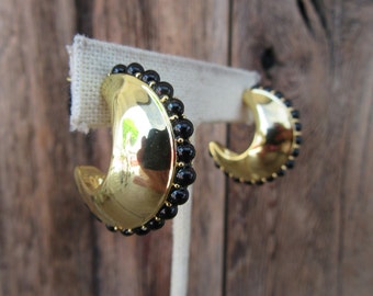 90s Gold Tone Half Moon Hoop Earrings | Beaded Black Bejeweled Crescent Bauble Stud Hoop Earrings | Statement Earrings