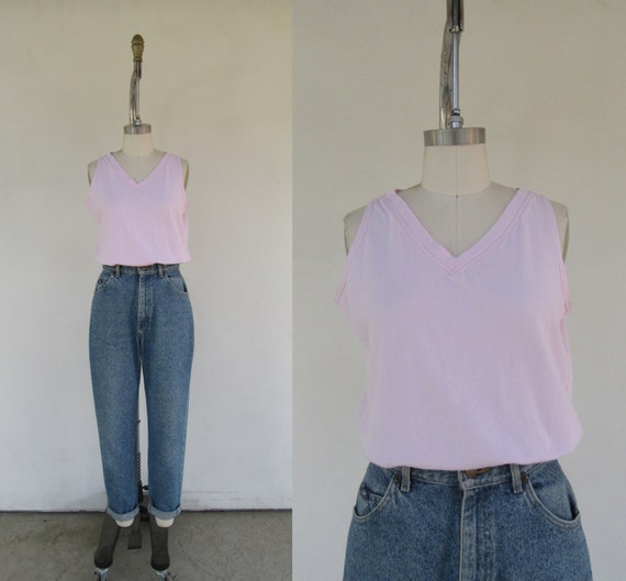 80s 90s Pink V Neck All Cotton Sleeveless Knit To… - image 1