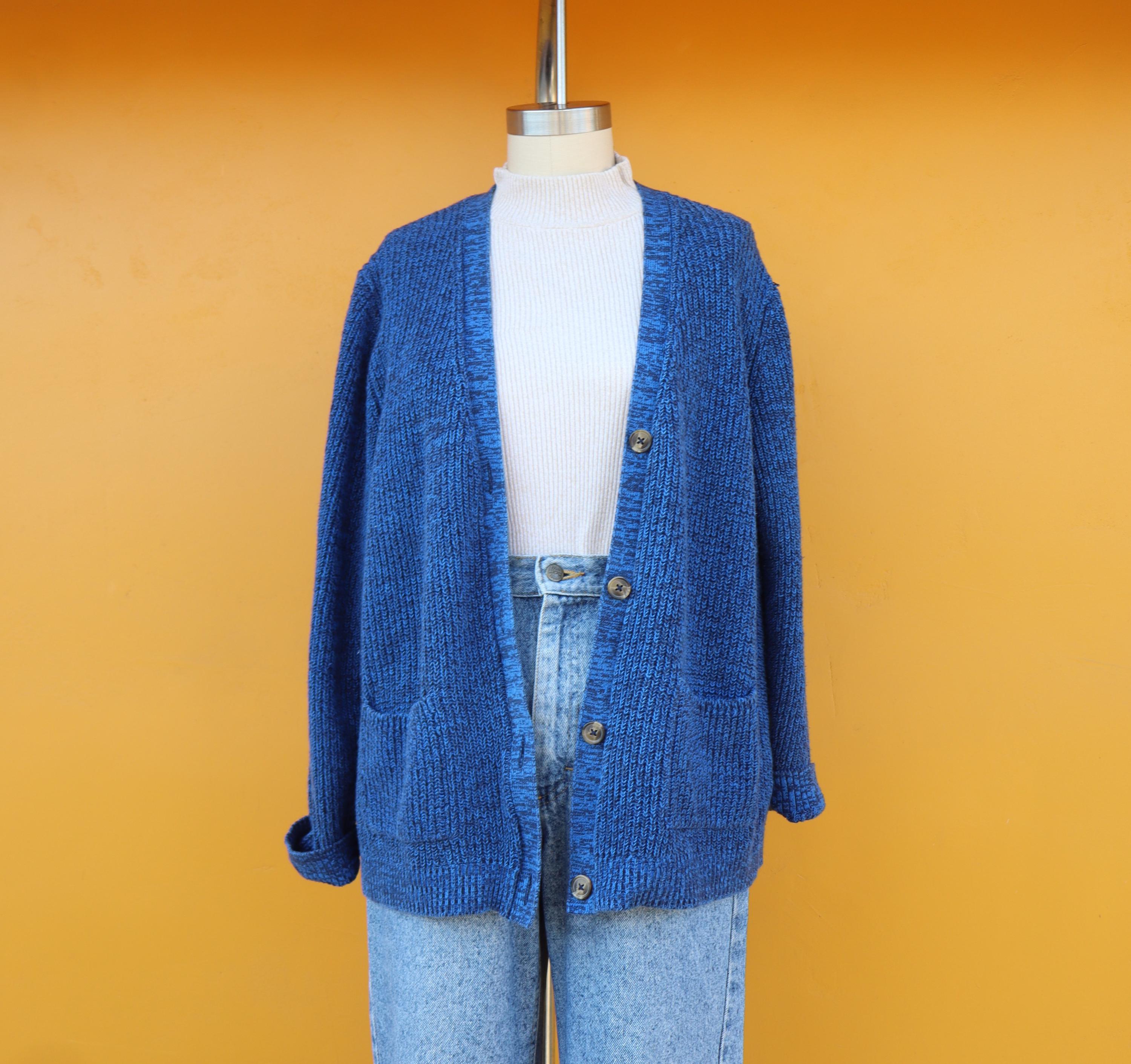 PLUS SIZE 90s Heatherd Waffle Knit Cardigan | Black and Roayl Blue