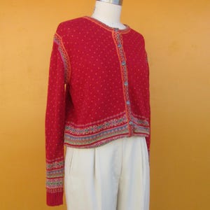 90s Red Cotton Ramie Fair Isle Cardigan Sweater | Cottagecore Button Front Jumper | Size Large