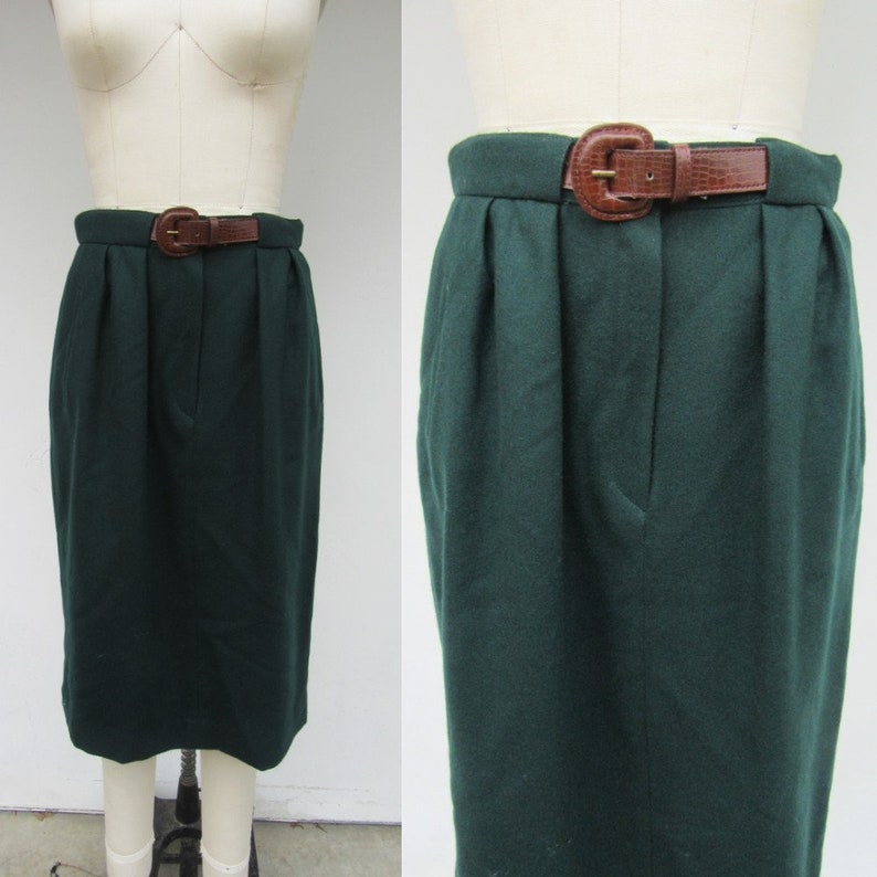 Pencil Skirt Dark Academia Aesthetic Pleated High Waist Minimal Secretary Skirt 90s High Waist Forest Green Wool Midi Skirt Size 8