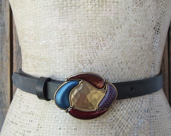 Cinto fino de couro preto dos anos 90 com fivela esmaltada | Cinto minimalista para calças | Cinto de couro dos anos 90 | Cinto de couro liso | Tamanhos 30 a 34