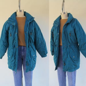 80s 90s Teal Drop Shoulder Puffy Parka | Drawstring Winter Jacket | Down Quilted Winter Coat | Medium