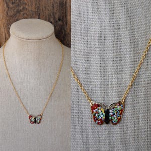 80s Gold Chain Necklace | Small Red Cloisonne Butterfly Necklace | Statement Jewelry | 70s Necklace