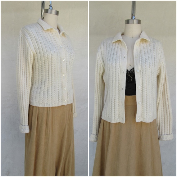 80s 90s Vanilla Cream Wool Blend Cropped Cardigan