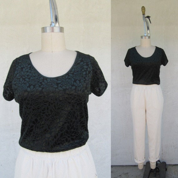 90s Dark Green Velvet Burnout Top | Forest Green V
