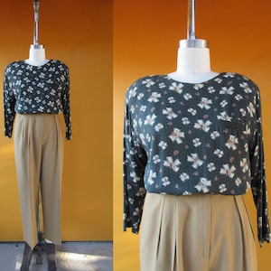 90s Rayon Cottagecore Bow and Floral Print Blouse | Shoulder Pad Shirt | Office Core Flower Print Long Sleeve Top | L
