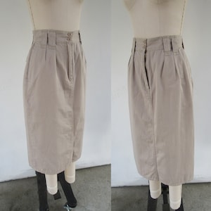 PETITE 80s 90s Khaki All Cotton Pleated High Waist Midi Skirt 25 Waist image 7