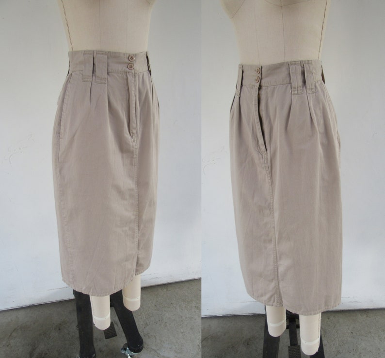 PETITE 80s 90s Khaki All Cotton Pleated High Waist Midi Skirt 25 Waist image 7