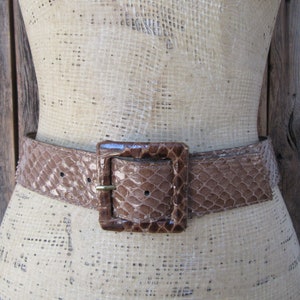 May include: A brown snakeskin belt with a gold buckle. The belt is on a white mannequin.