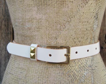 90s Cream Leather Gold Buckle Belt | Pyramid Stud Belt 