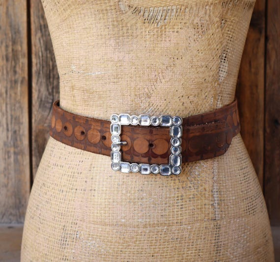 90s Y2K Rhinestone Buckle Brown Tooled Leather Waist Belt  display picture 3