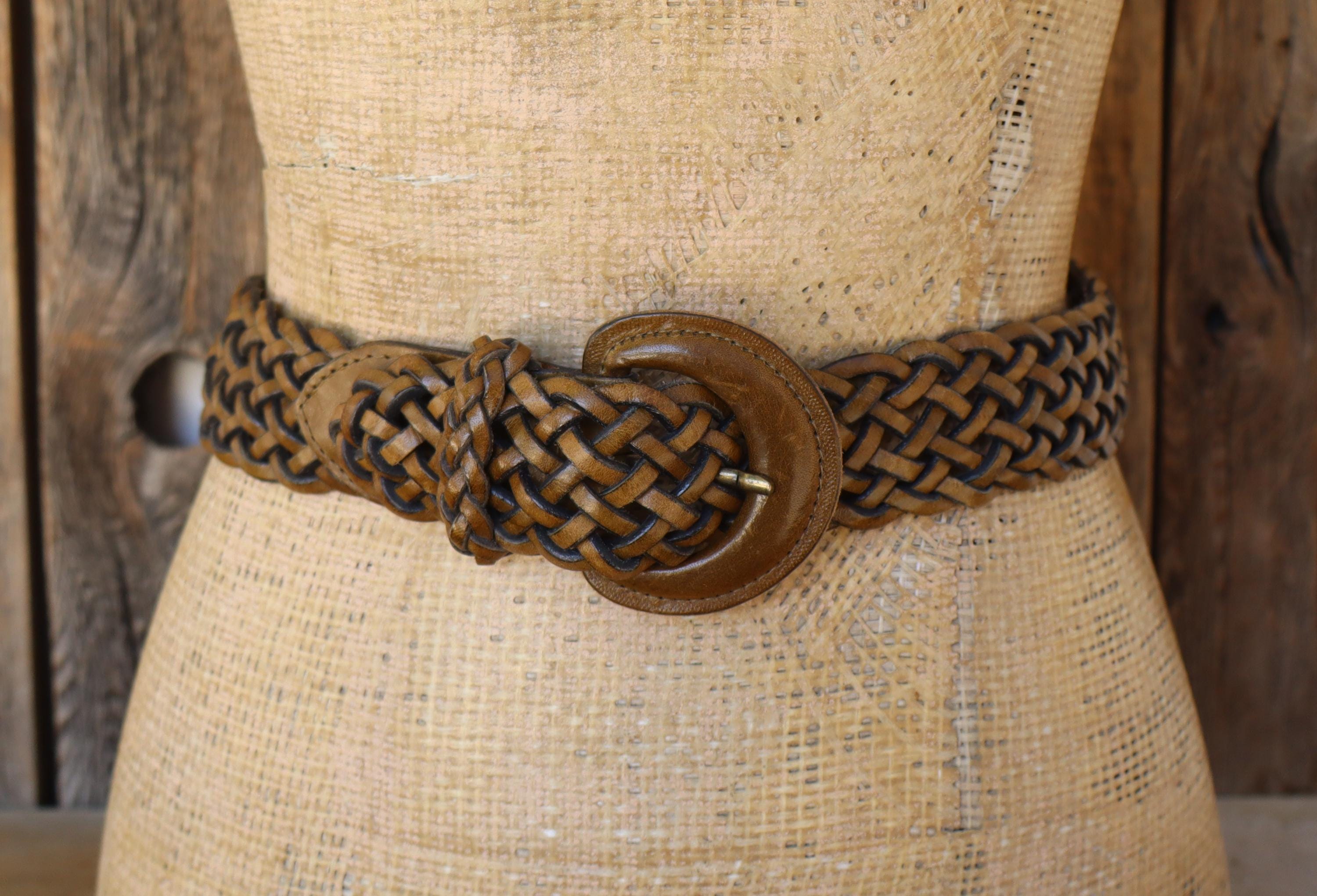 90s Caramel Brown Woven Leather Waist Belt | Covered Buckle Belt