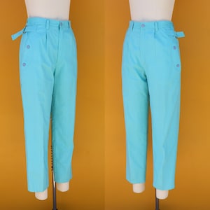 80s Cotton Blend Light Aqua Pleated High Waist Tapered Trousers | Blue Green Turquoise High Rise Tapered Mom Pants | 29 to 31