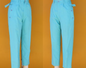 80s Cotton Blend Light Aqua Pleated High Waist Tapered Trousers | Blue Green Turquoise High Rise Tapered Mom Pants | 29 to 31