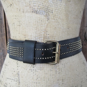 90s Black Studded Embellished Punk Roller Buckle Belt | Motorcycle Punk Rocker Belt | Black Leather Wide Waist Belt | 27.5 to 30.5