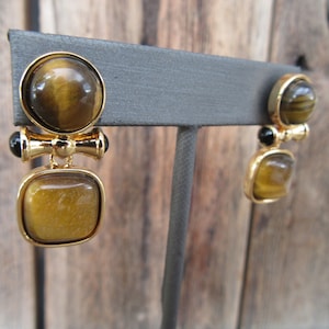 90s Earrings | Gold Tone Faux Tiger Eye Cabochon Earrings | Brown Resin Swivel Hinged Dangle Earrings | Modernist Earrings