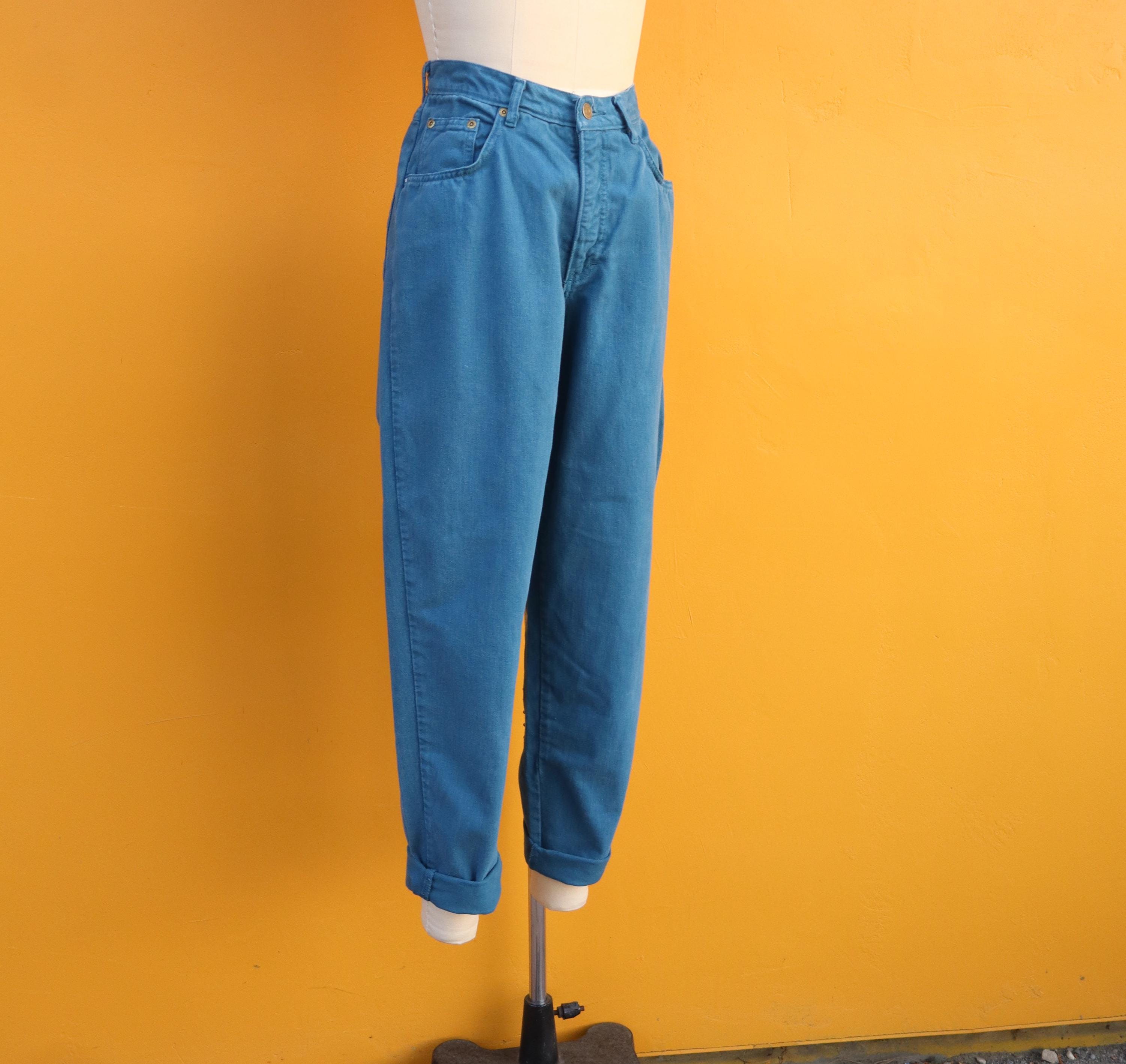 90s Teal Blue Denim High Waist Five Six Pocket Mom Jeans | Tapered