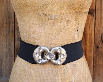 1980s Black Rhinestone Buckle Stretch Belt | 80s Bejeweled  display picture 2