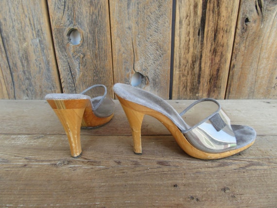 70s Wood Heel Transparent Jelly Slides Sandals Pl… - image 5