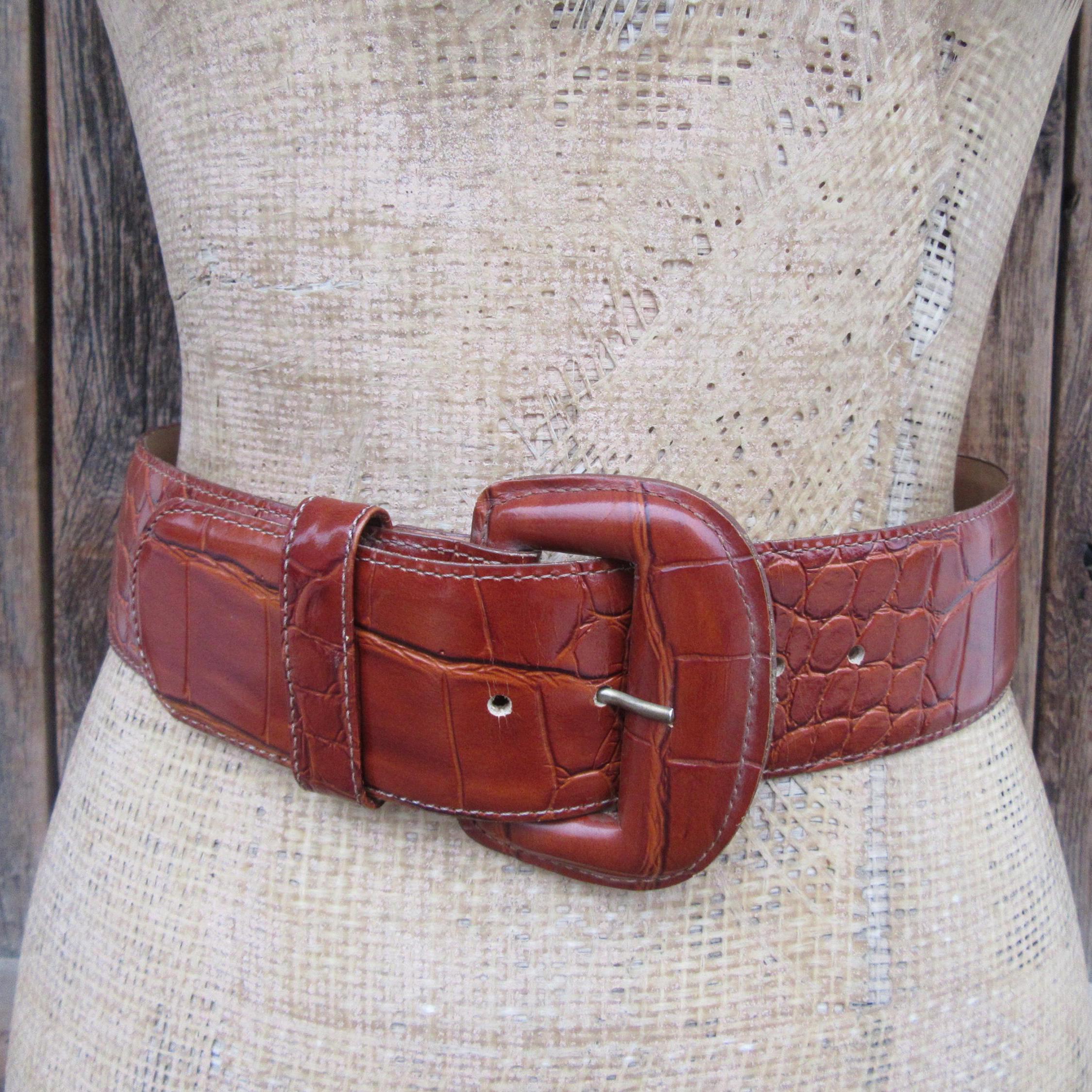 80s 90s Cognac Croco Leather Wide Waist Belt | Moc Croc  display picture 2