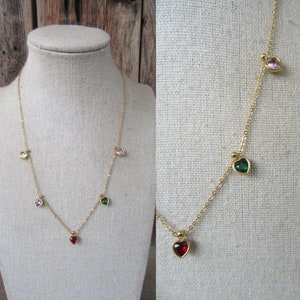90s Bejeweled Heart Pendant | Puff Heart Necklace | Dainty Gold Chain Rhinestone Heart Necklace | Rhinestone Heart Dangle Necklace Choker