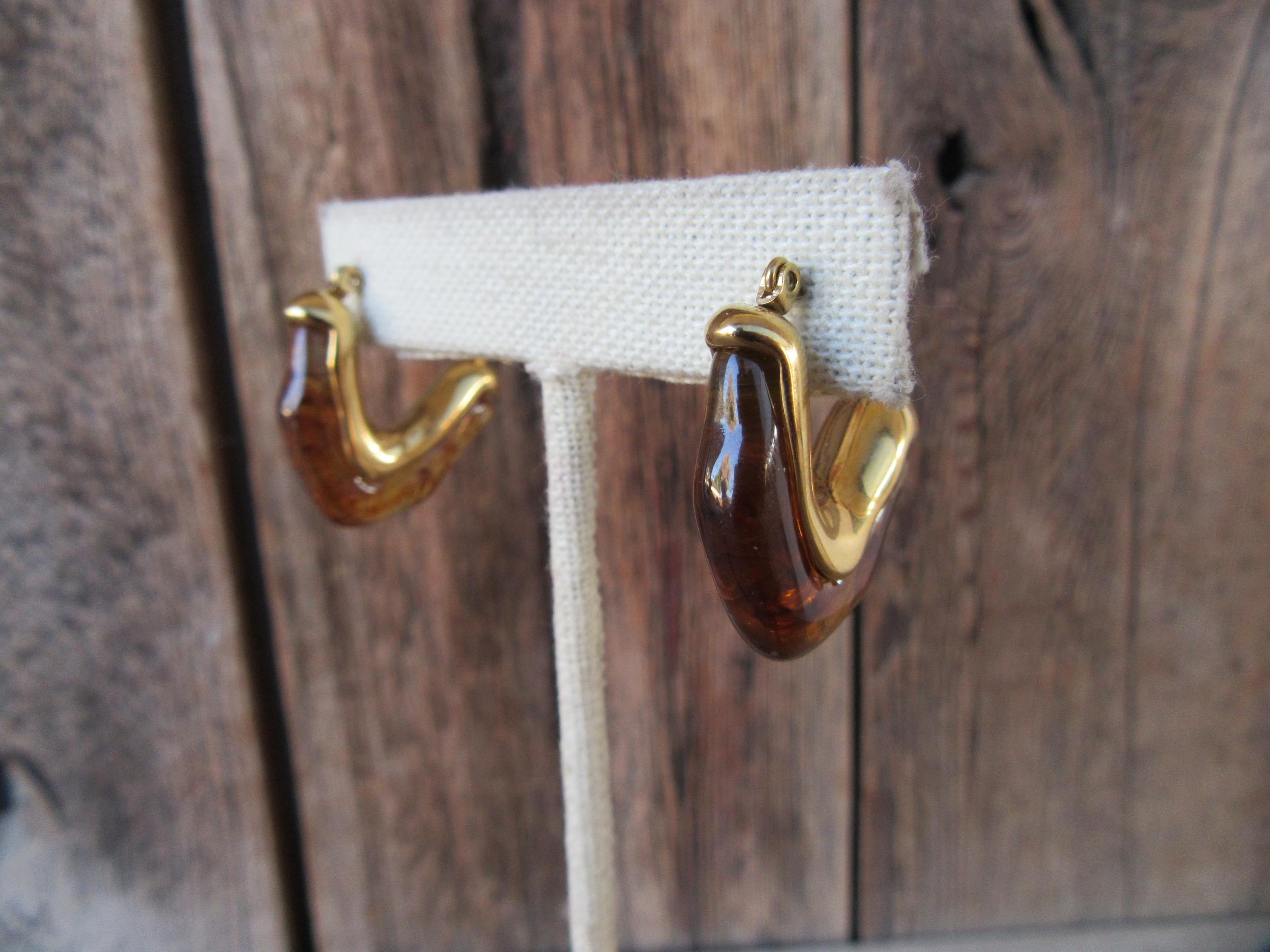 90s Chunky Brown Ice Cube Hoop Earrings | Faux Tortoise