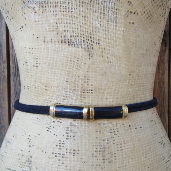 80s Black Enamel Buckle Stretch Belt | Black Cord Corded  display picture 1