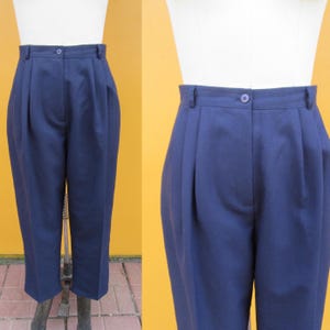 90s Navy Wool Blend High Waist Pleated Trousers | Officecore High Rise Business Casual Dark Academia Pants | 31 Waist Size 14