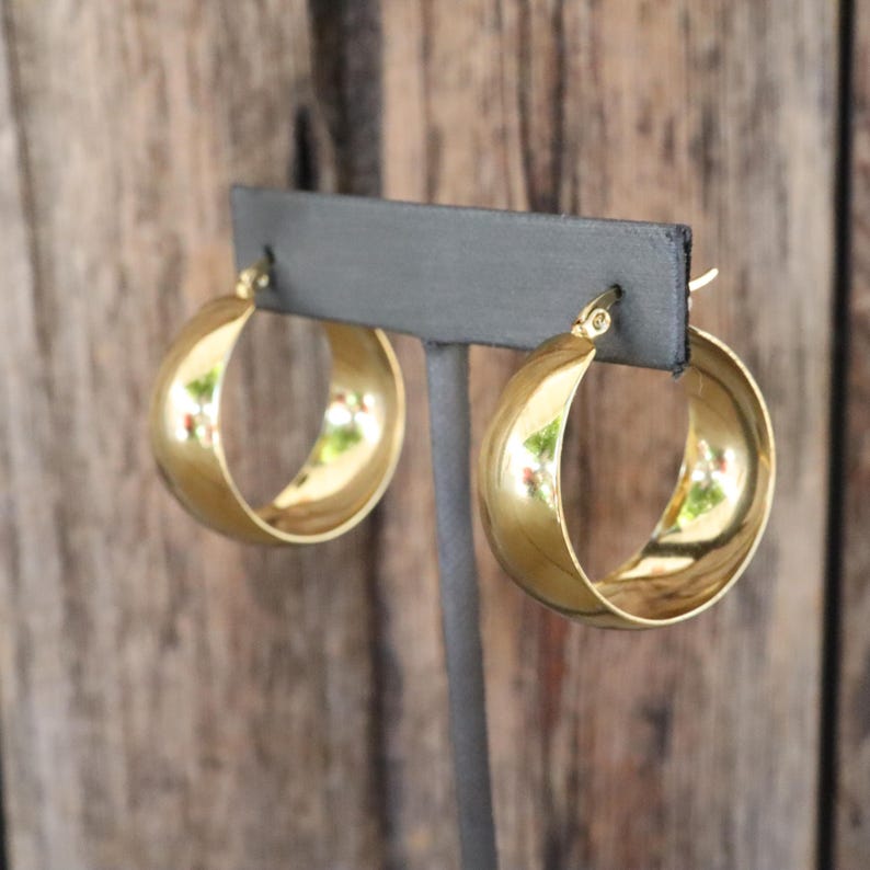 90s Earrings | Chunky Gold Tone Hoop Earrings | Chunky Thick Hoop Earrings | Medium Size Hoop Earrings | Lever Back Hoops image 2