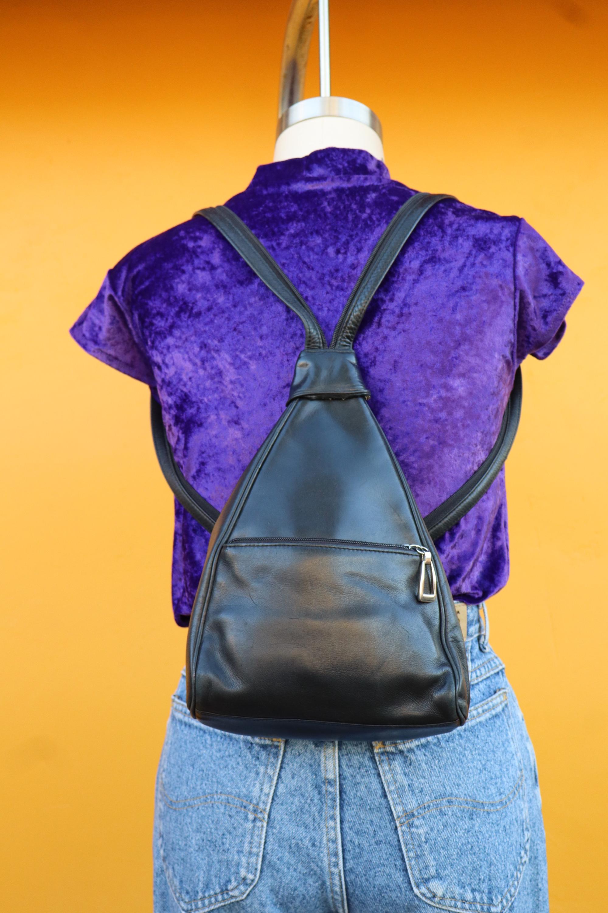 Vintage 1990\'s Jennie Benet Black Distressed Pebbled Leather Backpack  Purse Gorgeous yellow leather shoulder bag with brown accents and  main image 2