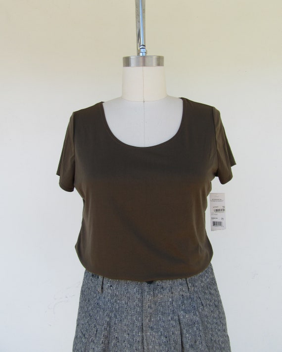 90s NOS Nylon Tee Shirt | Olive Brown Minimal Tee… - image 3