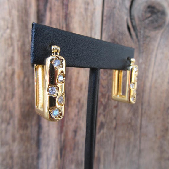 90s Earrings | Rectangle Rectangular Gold Tone Ho… - image 1