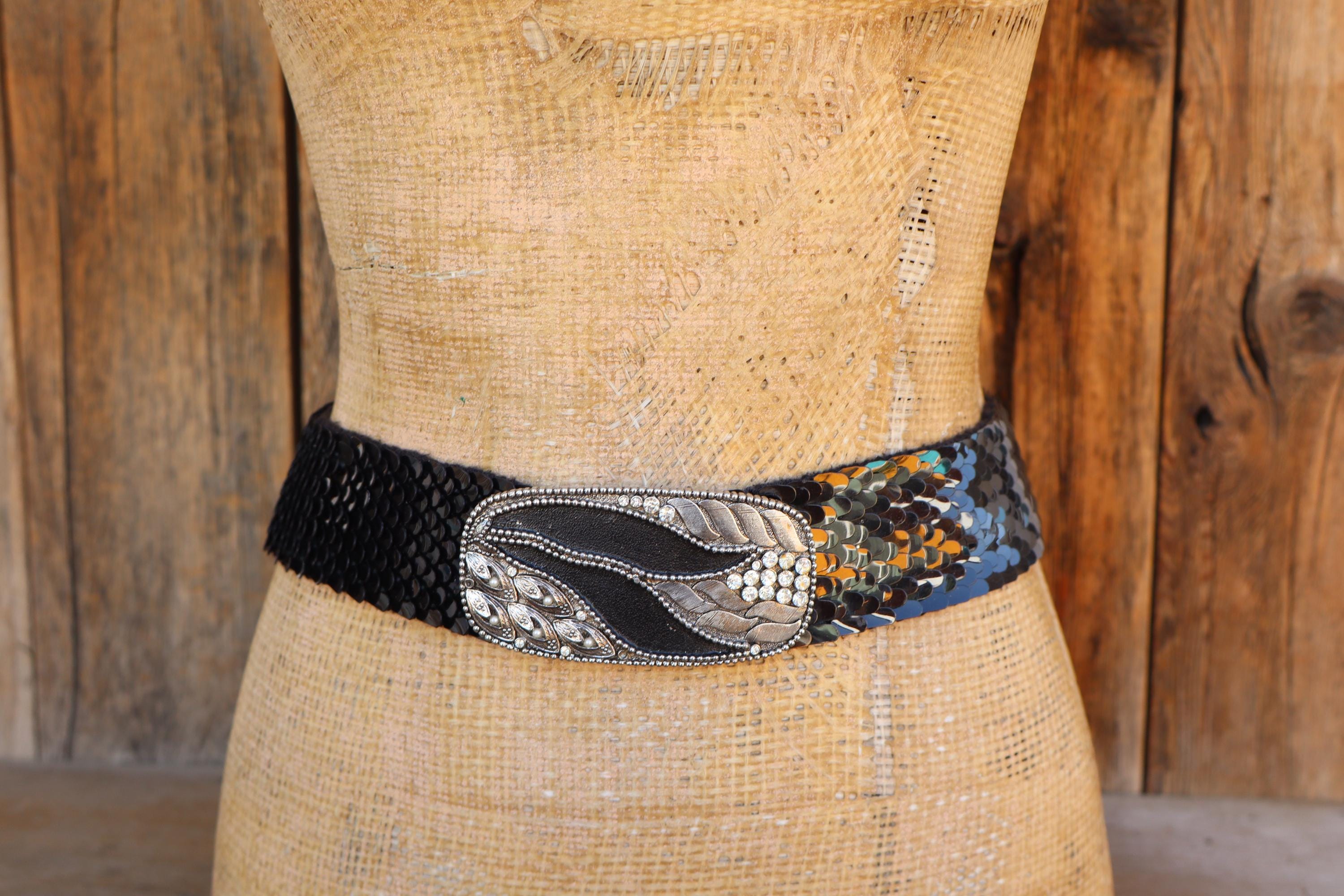 Vintage Metal Brass Beaded Rhinestone Fish Scale Stretch Belt Art to Wear L/XL Fishscale Belt - Etsy main image 4