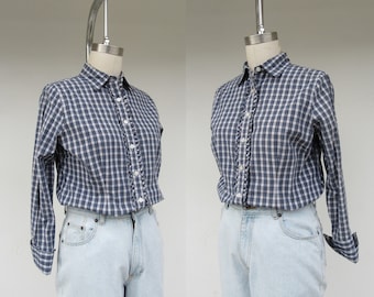 90s All Cotton Cottagecore Plaid Button Front Blouse | Ruffled Button Down Checkered Top Shirt | L