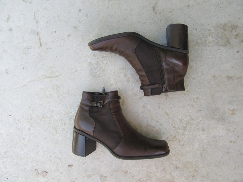 90s Square Heel Dark Brown Leather Boots Minimal Brown Leather Ankle Boots 8.5 EURO 39 1990s Minimalist Block Heel Square Toe Boots