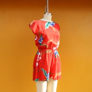 90s Rayon Floral Jumper | Rayon Flower Print Botanical Jumpsuit | Red Floral Playsuit | Size Small