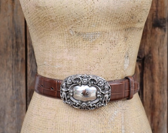 90s BRIGHTON Moc Croc Croco Cognac Brown Leather Concho Buckle Belt 28 to 32