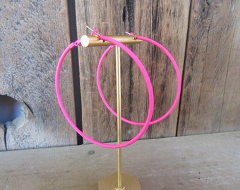 80s Neon Pink Metal Hoops | 2-3/4" Hoop Earrings | New Wave Earrings | Large XL 1980s Florescent Pink Earrings