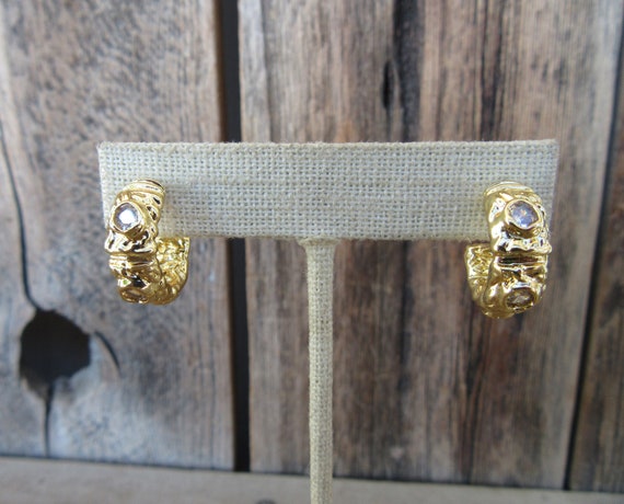 90s Gold Tone Textured Hoops | Bejeweled Rhinesto… - image 3