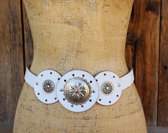 Avion International White Woven Leather Belt Silver Western Buckle Wide Boho Wide White Braided Leather Belt: Boho Chic Woven Waist Belt  main image 3
